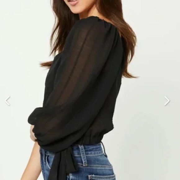 NWT - BCBGeneration Long Ballon Sleeve Wrap Style Sheer Crop Blouse Size: M - Picture 2 of 15